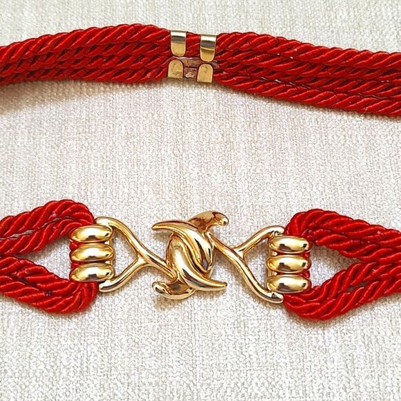 Red Braided Rope Belt with Gold Hook Closure - Picture 8 of 8